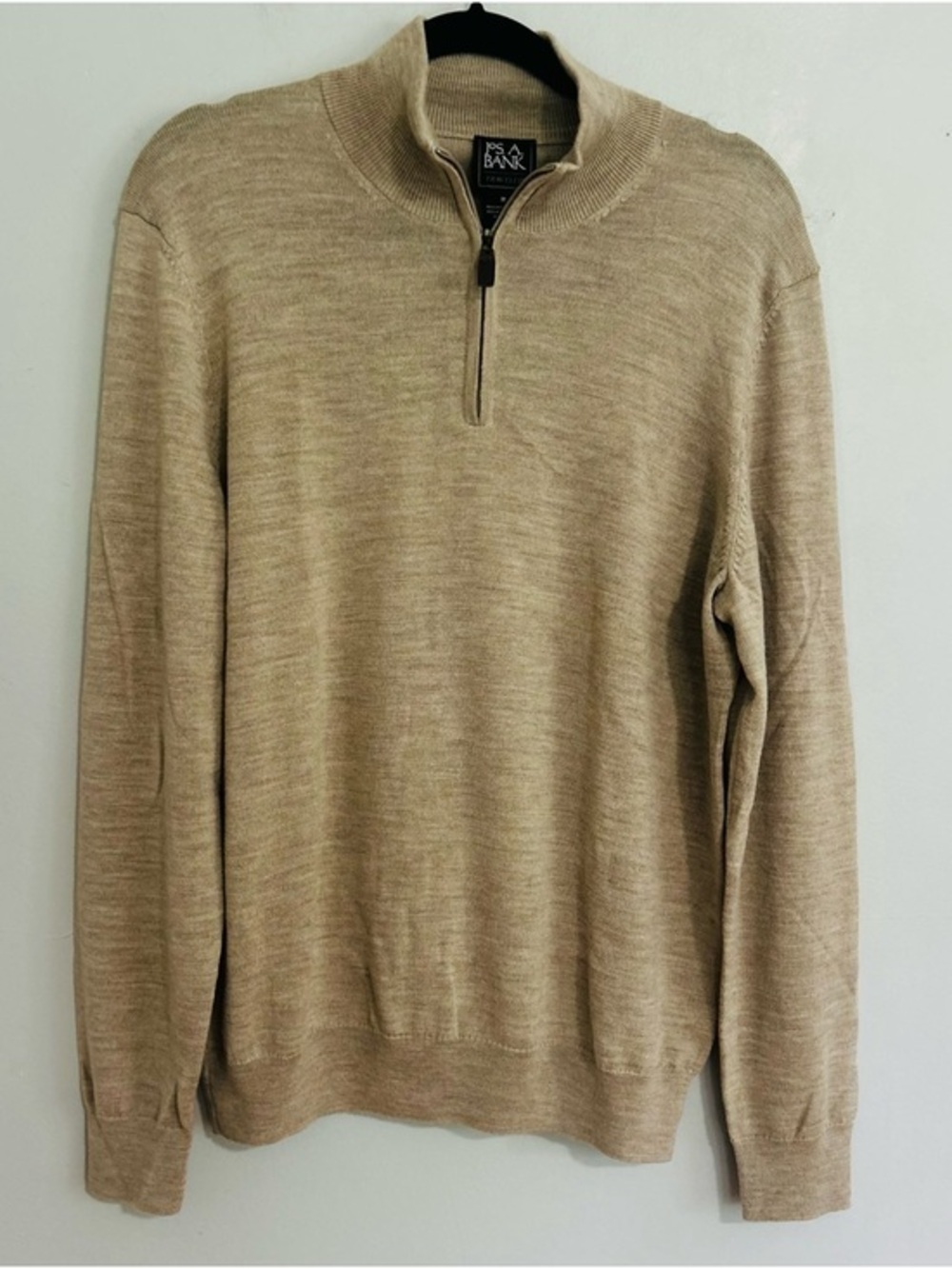 Jos A Bank Traveler Merino Wool Quarter Zip Sweater M Taupe Quiet Luxury Preppy